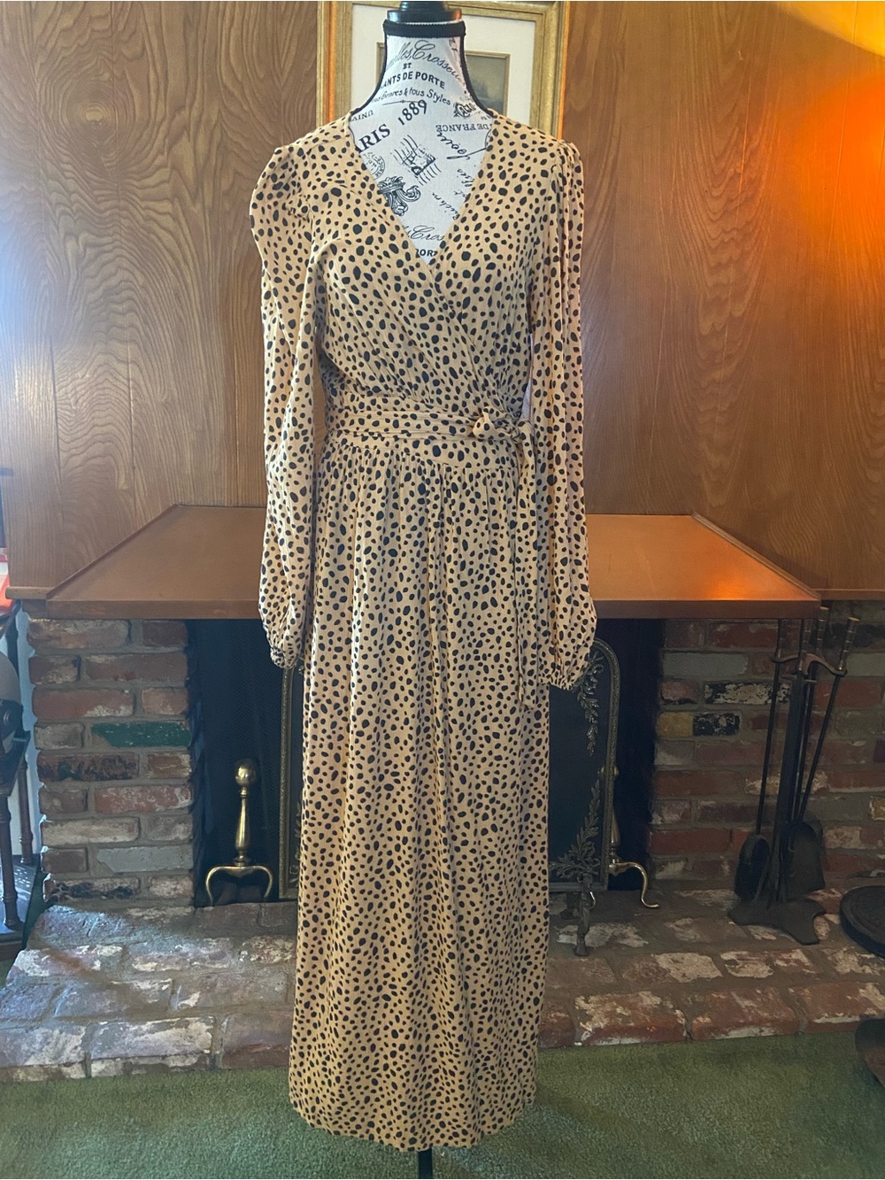 Billabong Beige Long Sleeve Wrap Maxi Dress with Black Spots